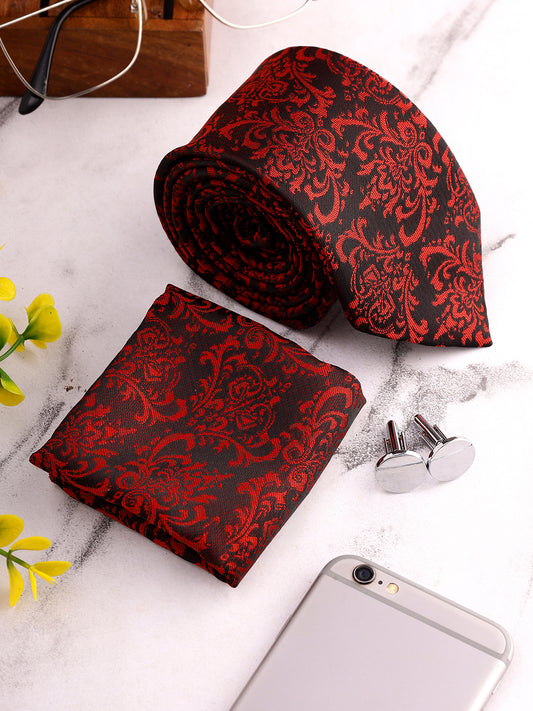 Men Maroon Printed Tie With Pocket Square and Cufflinks