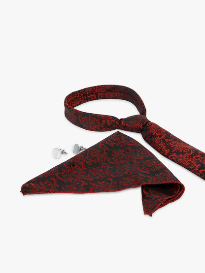 Men Maroon Printed Tie With Pocket Square and Cufflinks