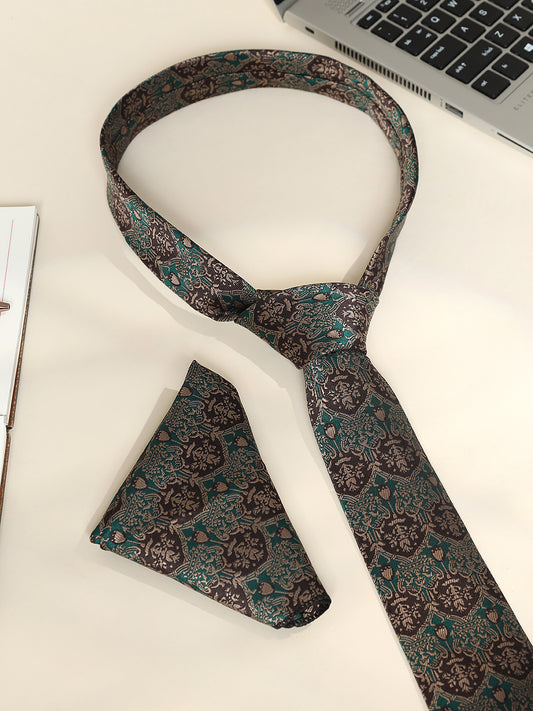 Men's Motifs Design Tie Set with Pocket Square