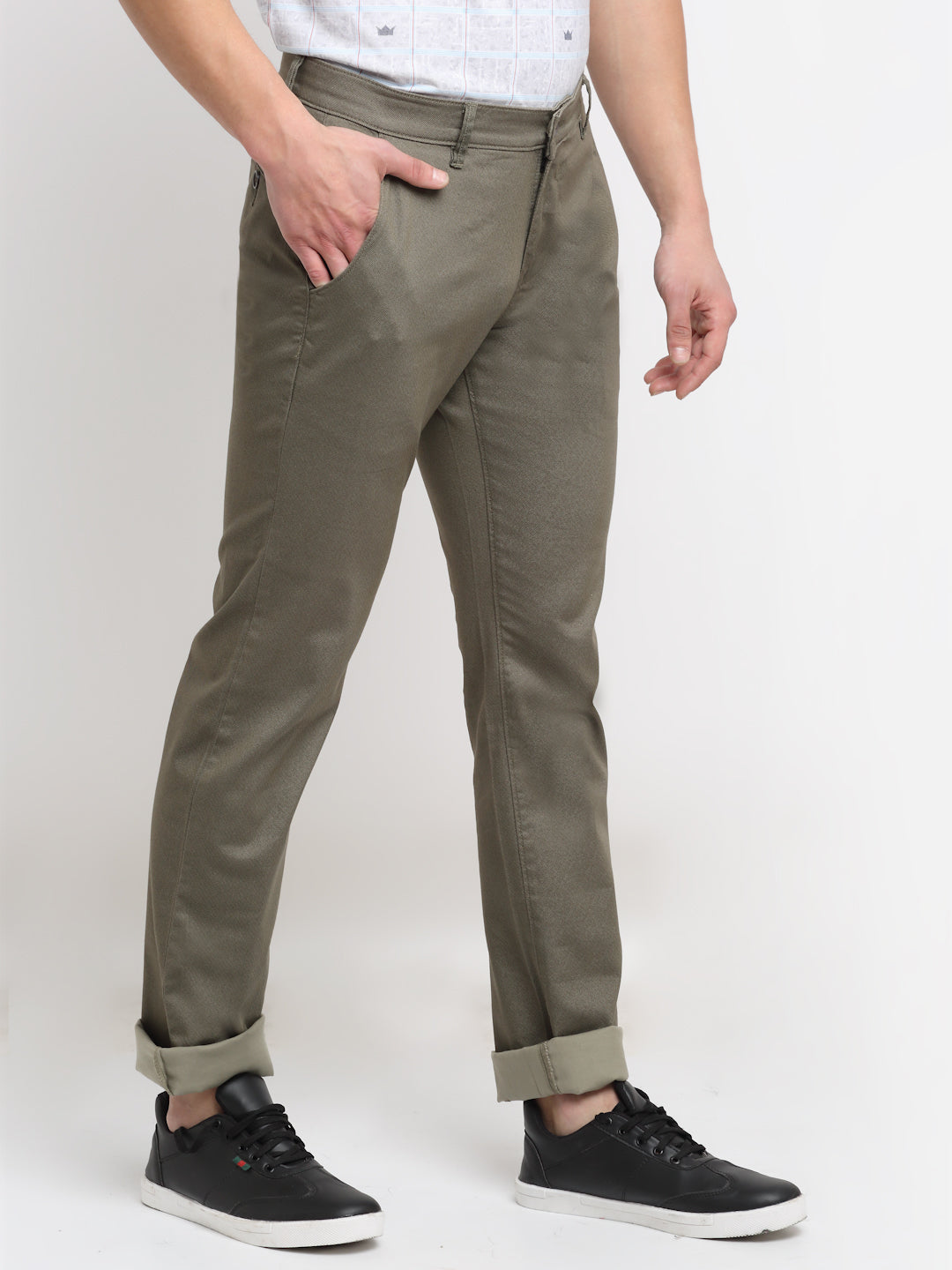 Cantabil Men Olive Cotton Blend Solid Regular Fit Casual Trouser (6729650274443)