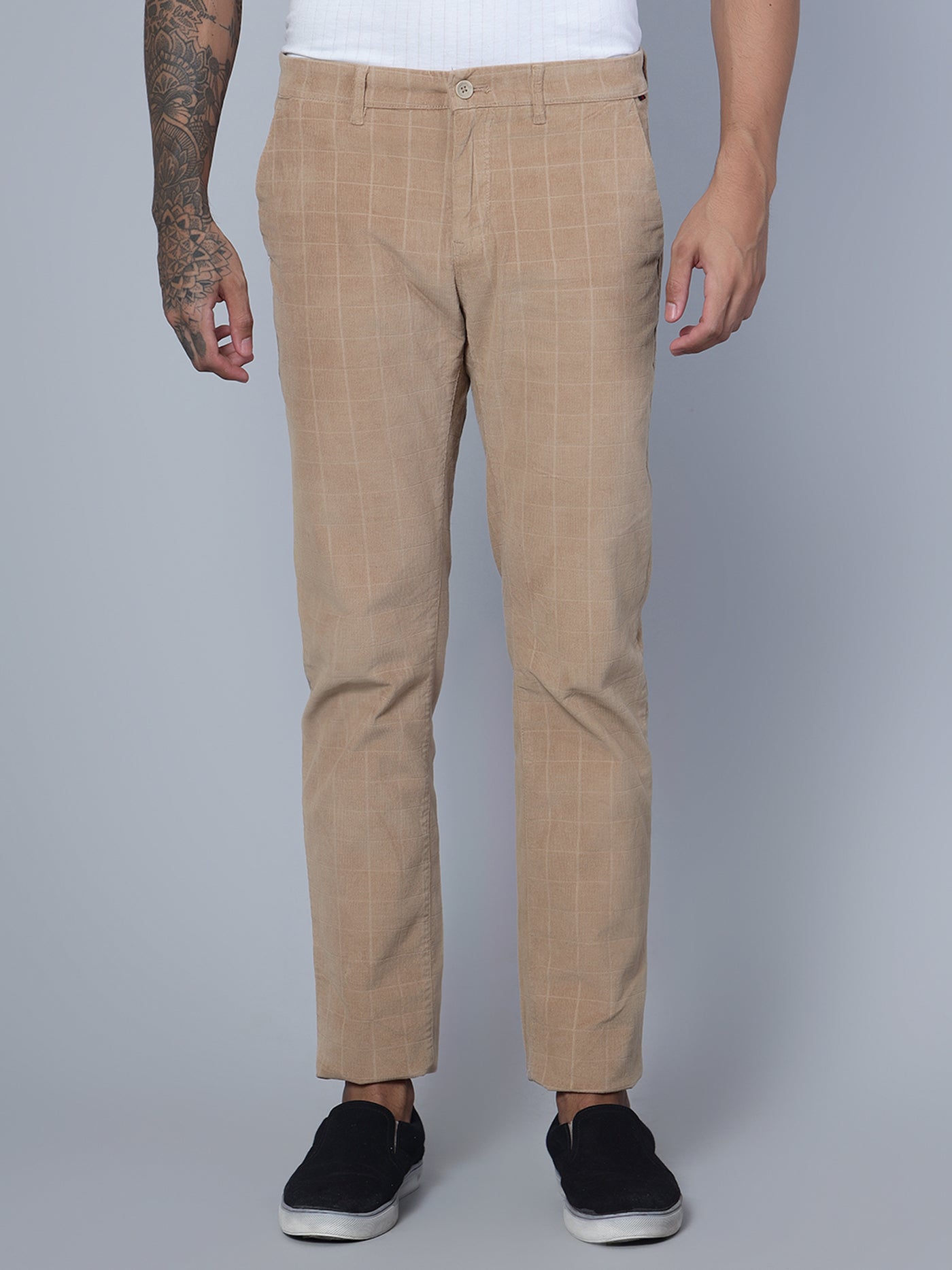 Cantabil Men Khaki Corduroy Blend Checkered Regular Fit Casual Trouser (7135782895755)