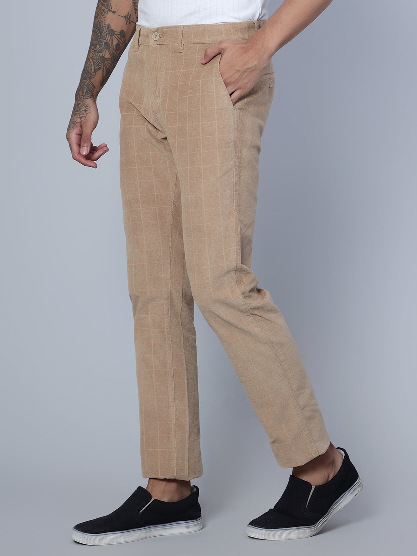 Cantabil Men Khaki Corduroy Blend Checkered Regular Fit Casual Trouser (7135782895755)