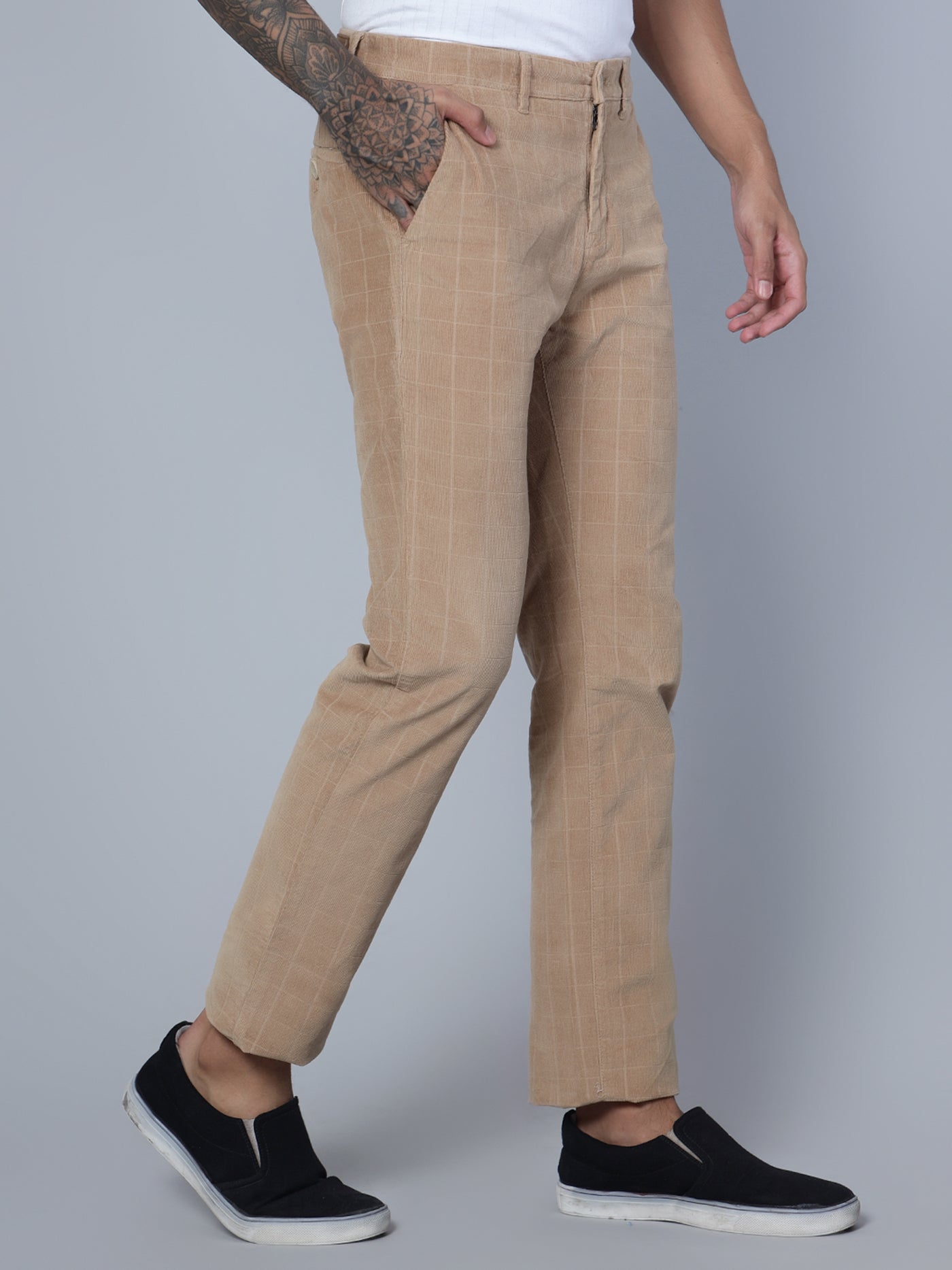 Cantabil Men Khaki Corduroy Blend Checkered Regular Fit Casual Trouser (7135782895755)