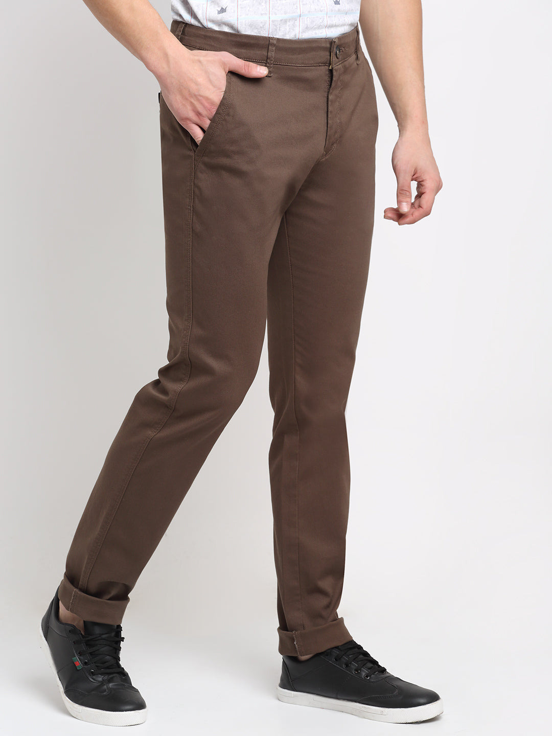 Cantabil Men Brown Cotton Blend Solid Regular Fit Casual Trouser (6729695723659)