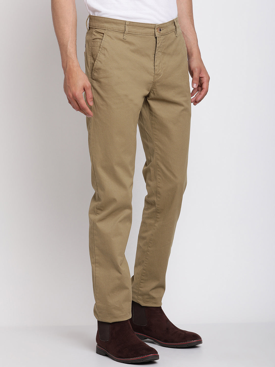 Cantabil Men Khaki Cotton Blend Solid Regular Fit Casual Trouser (6768414032011)