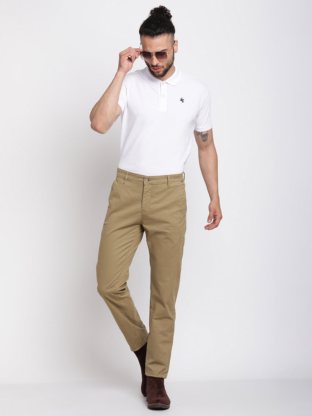 Cantabil Men Khaki Cotton Blend Solid Regular Fit Casual Trouser (6768414032011)