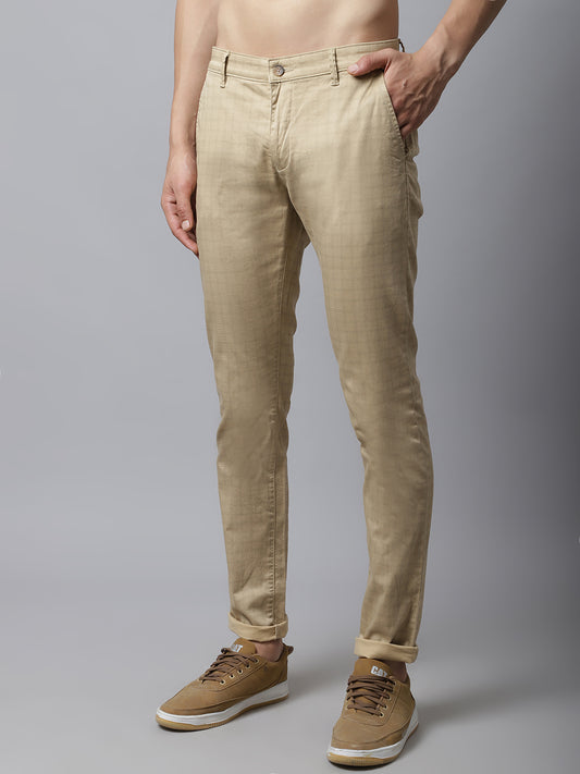 Cantabil Men Khaki Cotton Blend Checkered Regular Fit Casual Trouser (7037615472779)