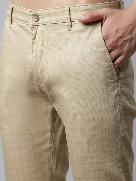 Cantabil Men Khaki Cotton Blend Checkered Regular Fit Casual Trouser (7037615472779)
