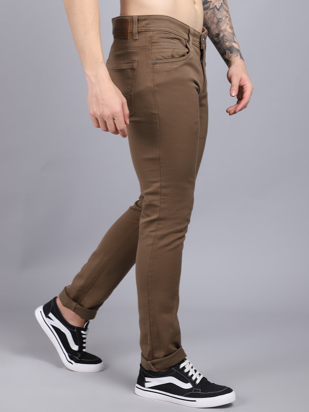 Cantabil Men Brown Cotton Blend Solid Regular Fit Casual Trouser (6853859082379)