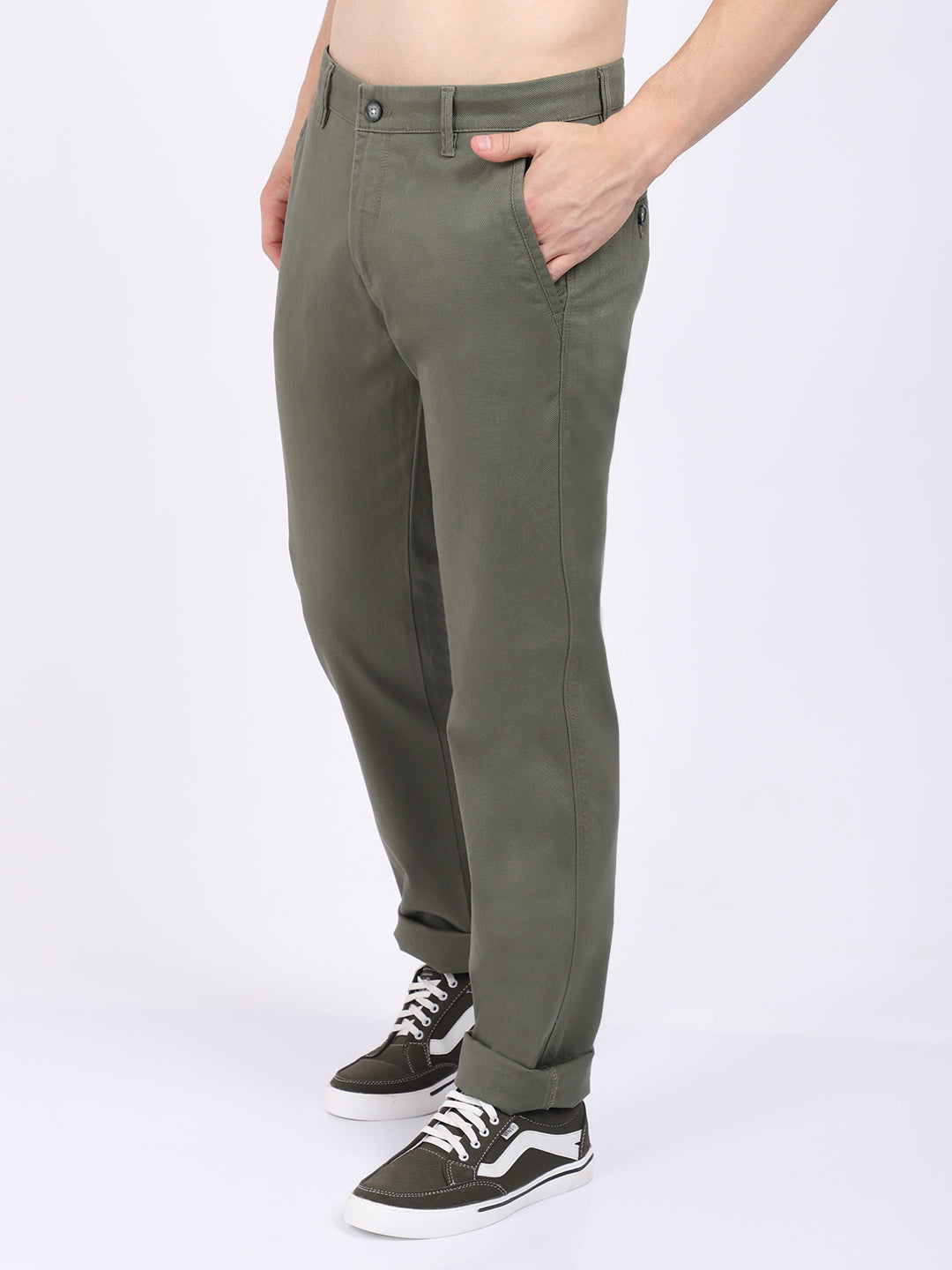 Cantabil Men Olive Cotton Blend Self Design Regular Fit Casual Trouser (6868850770059)