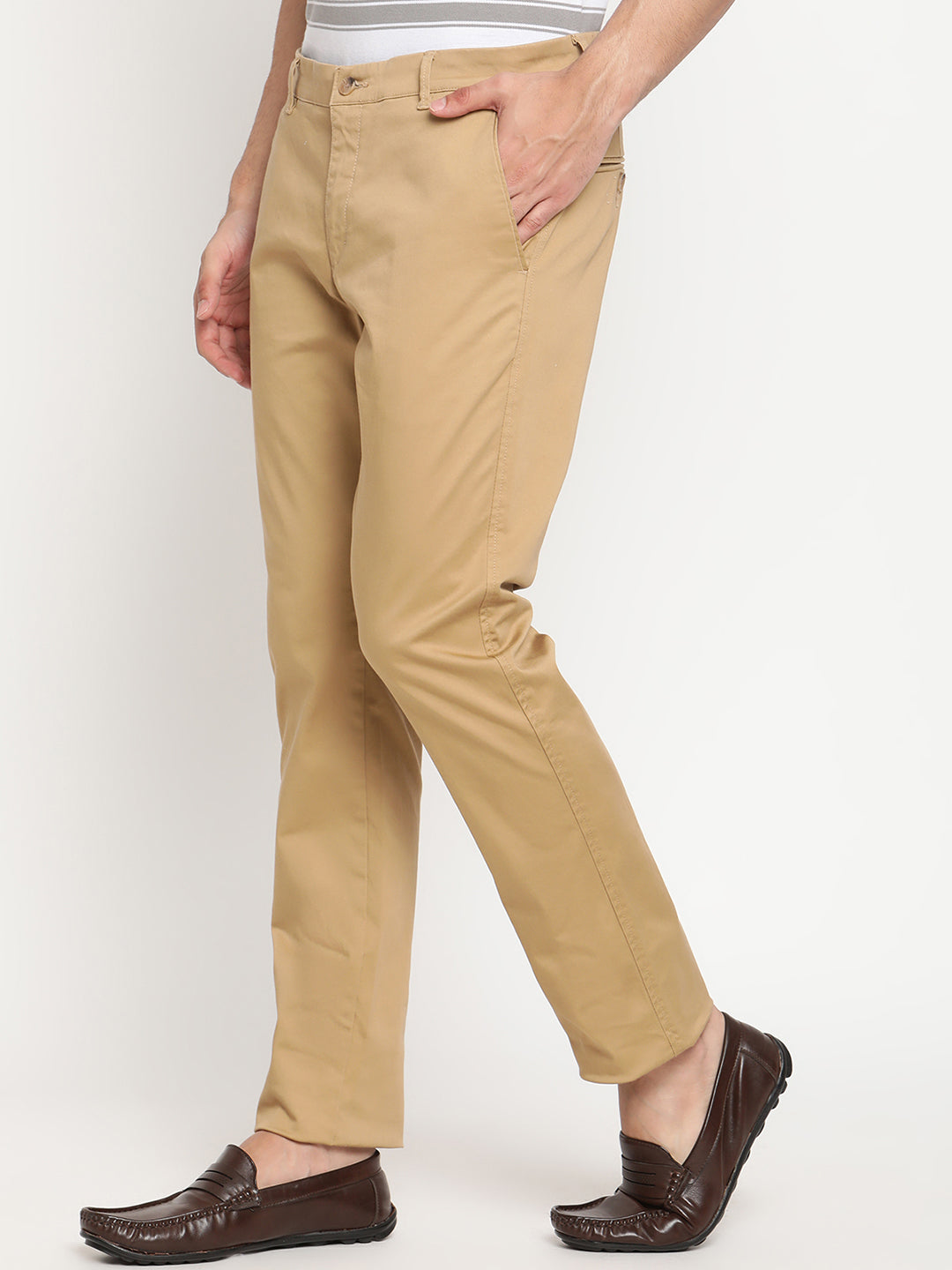 Cantabil Men Khaki Cotton Blend Solid Regular Fit Casual Trouser (6794712940683)