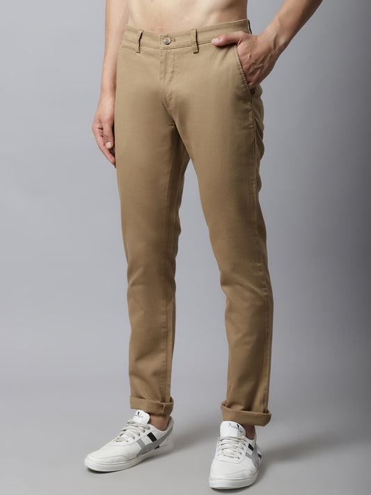 Cantabil Men Khaki Cotton Blend Self Design Regular Fit Casual Trouser (7048357609611)