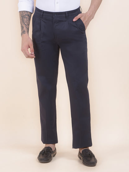 Men's Navy Solid Smart Fit Casual Trouser