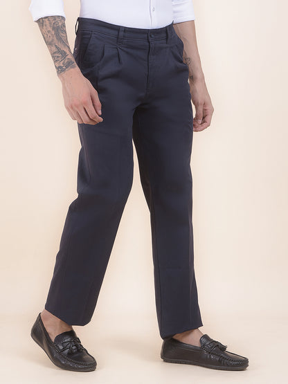 Men's Navy Solid Smart Fit Casual Trouser