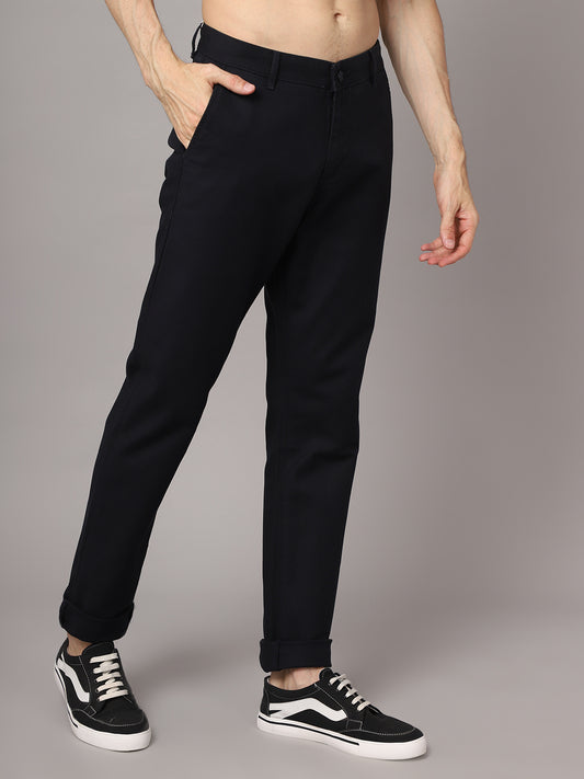 Cantabil Men Navy Blue Cotton Blend Solid Regular Fit Casual Trouser (7048938946699)