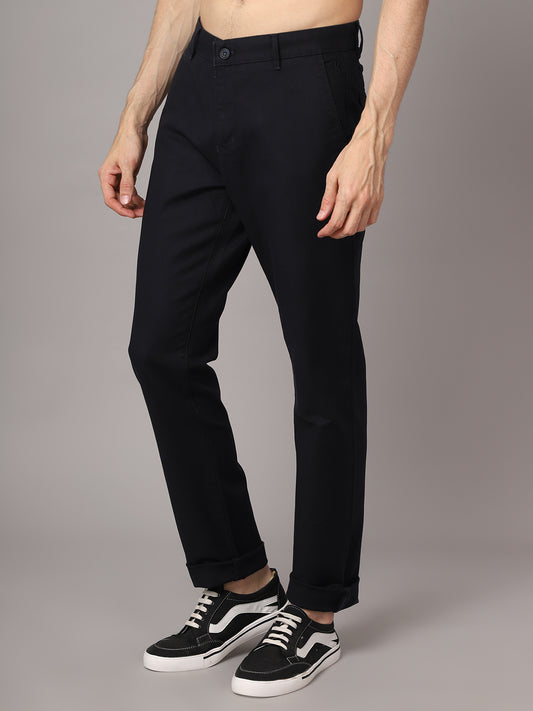 Cantabil Men Navy Blue Cotton Blend Solid Regular Fit Casual Trouser (7048938946699)