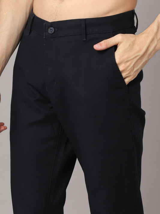 Cantabil Men Navy Blue Cotton Blend Solid Regular Fit Casual Trouser (7048938946699)