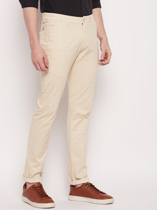 Cantabil Men Beige Cotton Blend Checkered Regular Fit Casual Trouser (7057751113867)