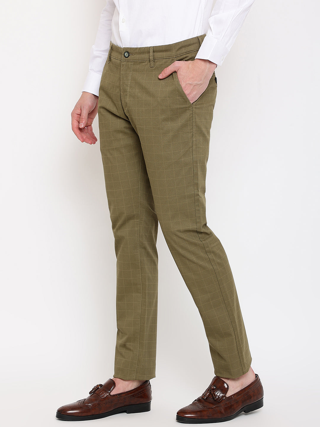 Cantabil Men Olive Cotton Blend Checkered Regular Fit Casual Trouser (7069483565195)