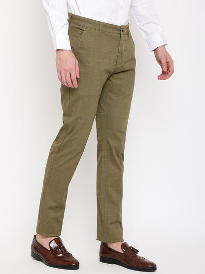 Cantabil Men Olive Cotton Blend Checkered Regular Fit Casual Trouser (7069483565195)