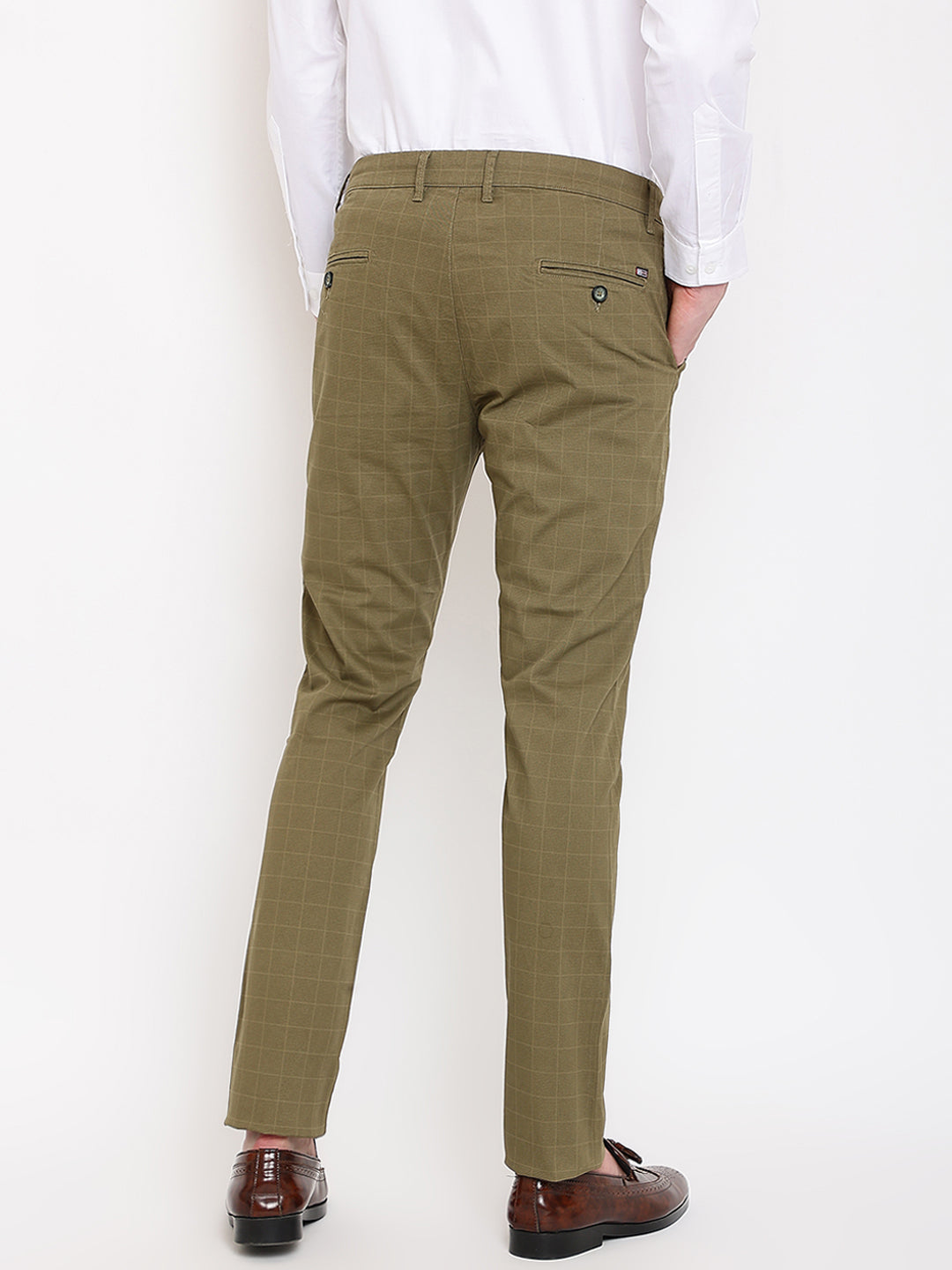 Cantabil Men Olive Cotton Blend Checkered Regular Fit Casual Trouser (7069483565195)