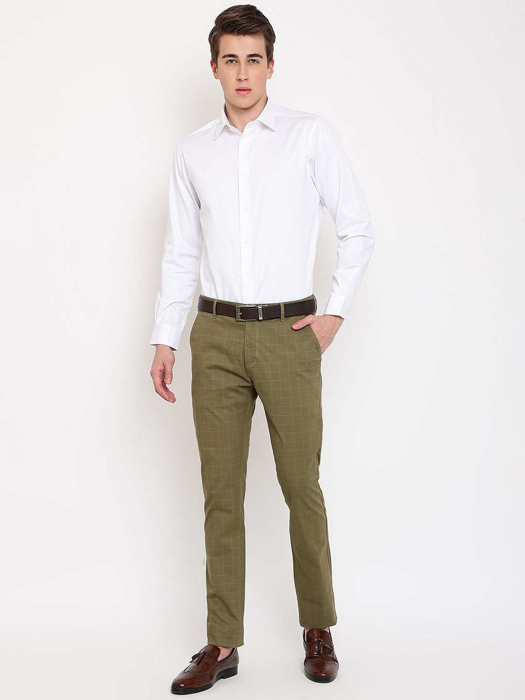 Cantabil Men Olive Cotton Blend Checkered Regular Fit Casual Trouser (7069483565195)