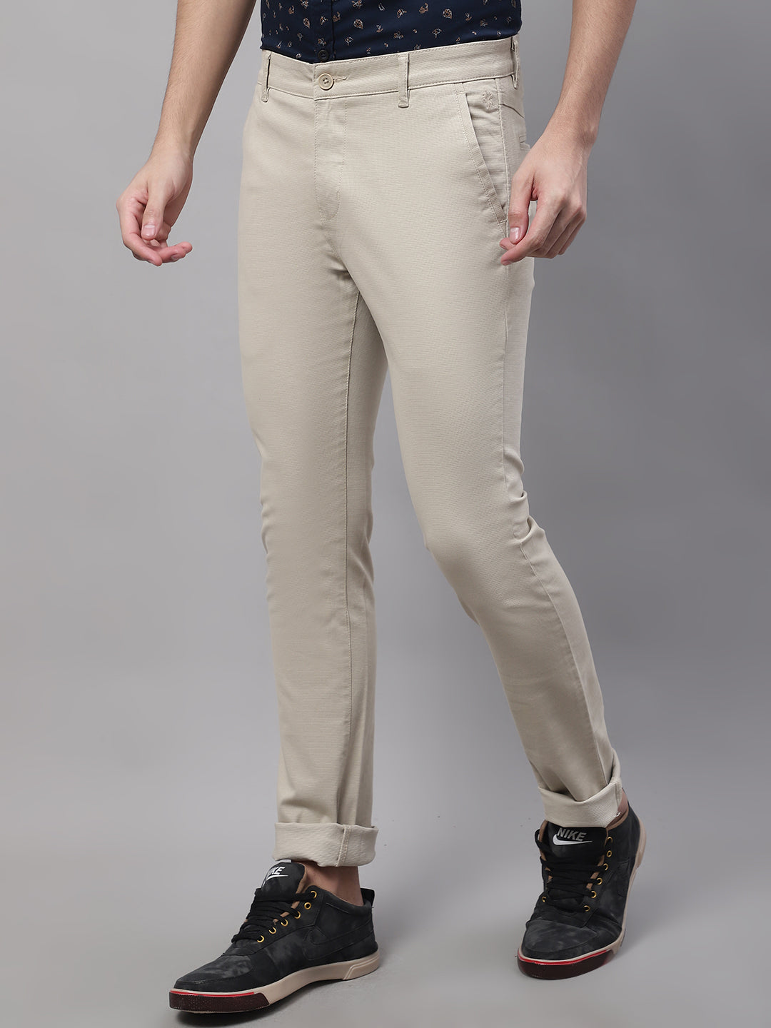 Cantabil Men Beige Cotton Blend Self Design Regular Fit Casual Trouser (7091766591627)