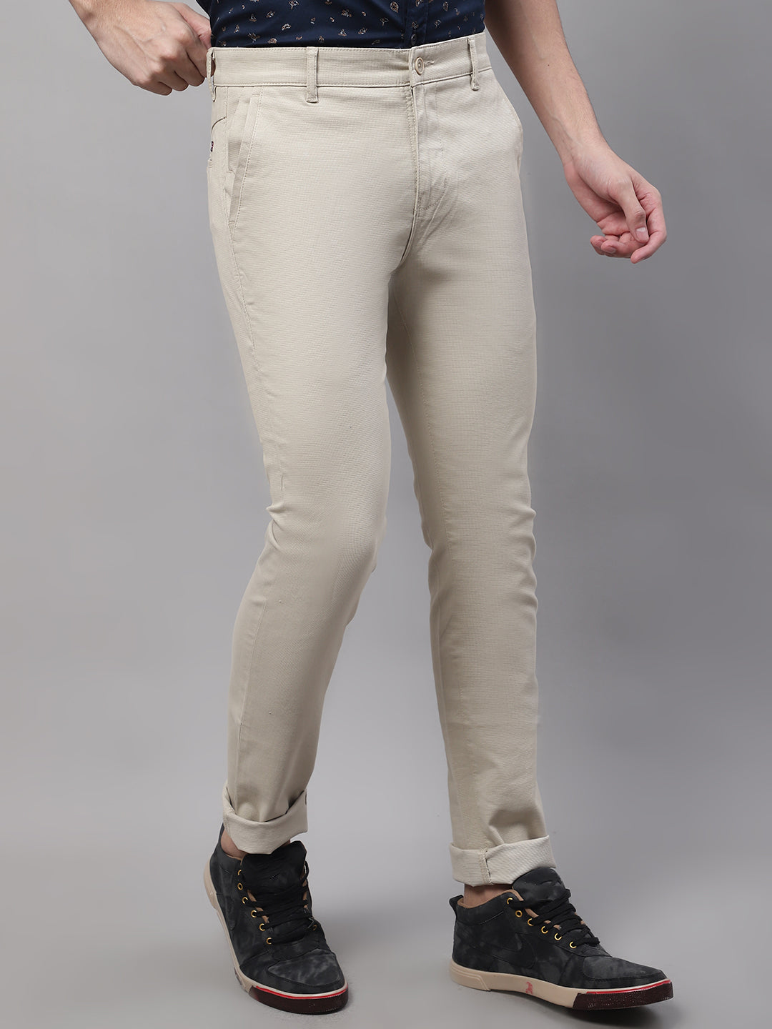 Cantabil Men Beige Cotton Blend Self Design Regular Fit Casual Trouser (7091766591627)