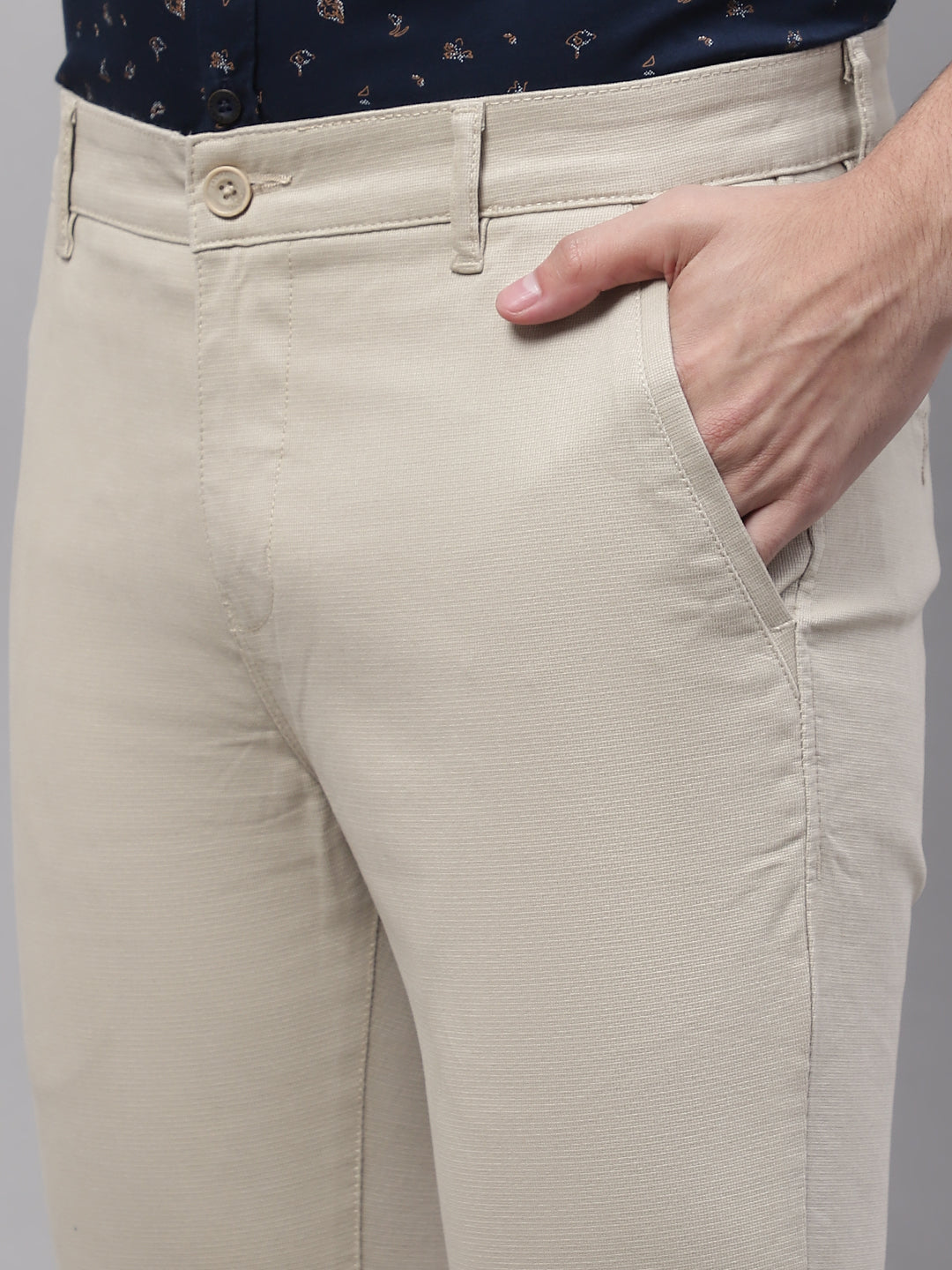 Cantabil Men Beige Cotton Blend Self Design Regular Fit Casual Trouser (7091766591627)