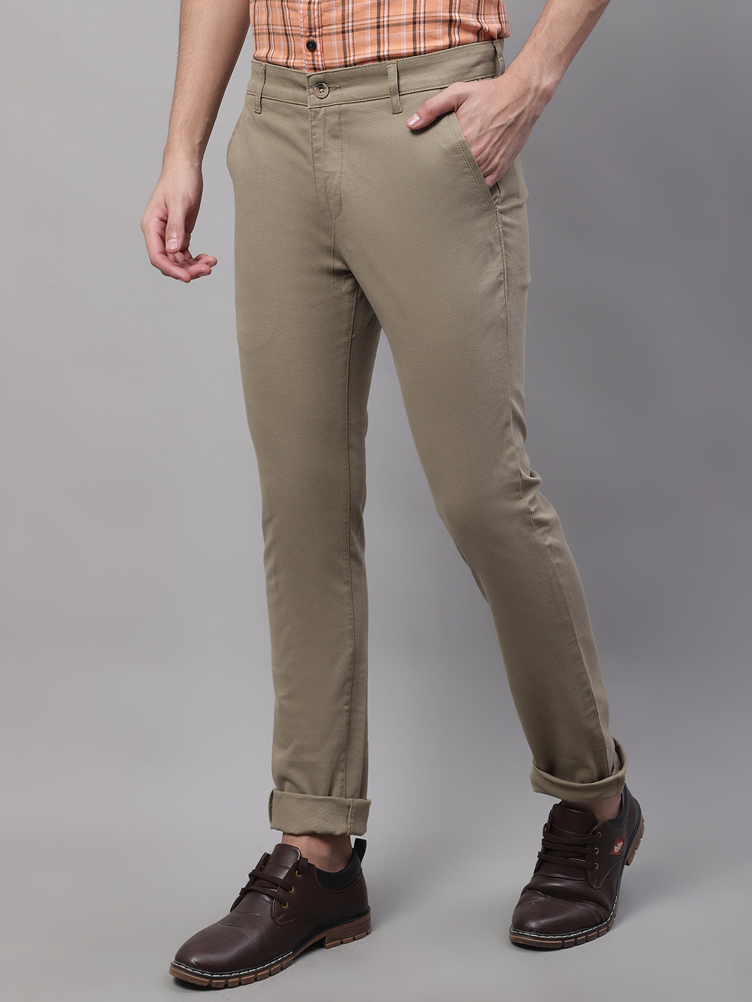 Cantabil Men Khaki Cotton Blend Self Design Regular Fit Casual Trouser (7091771015307)