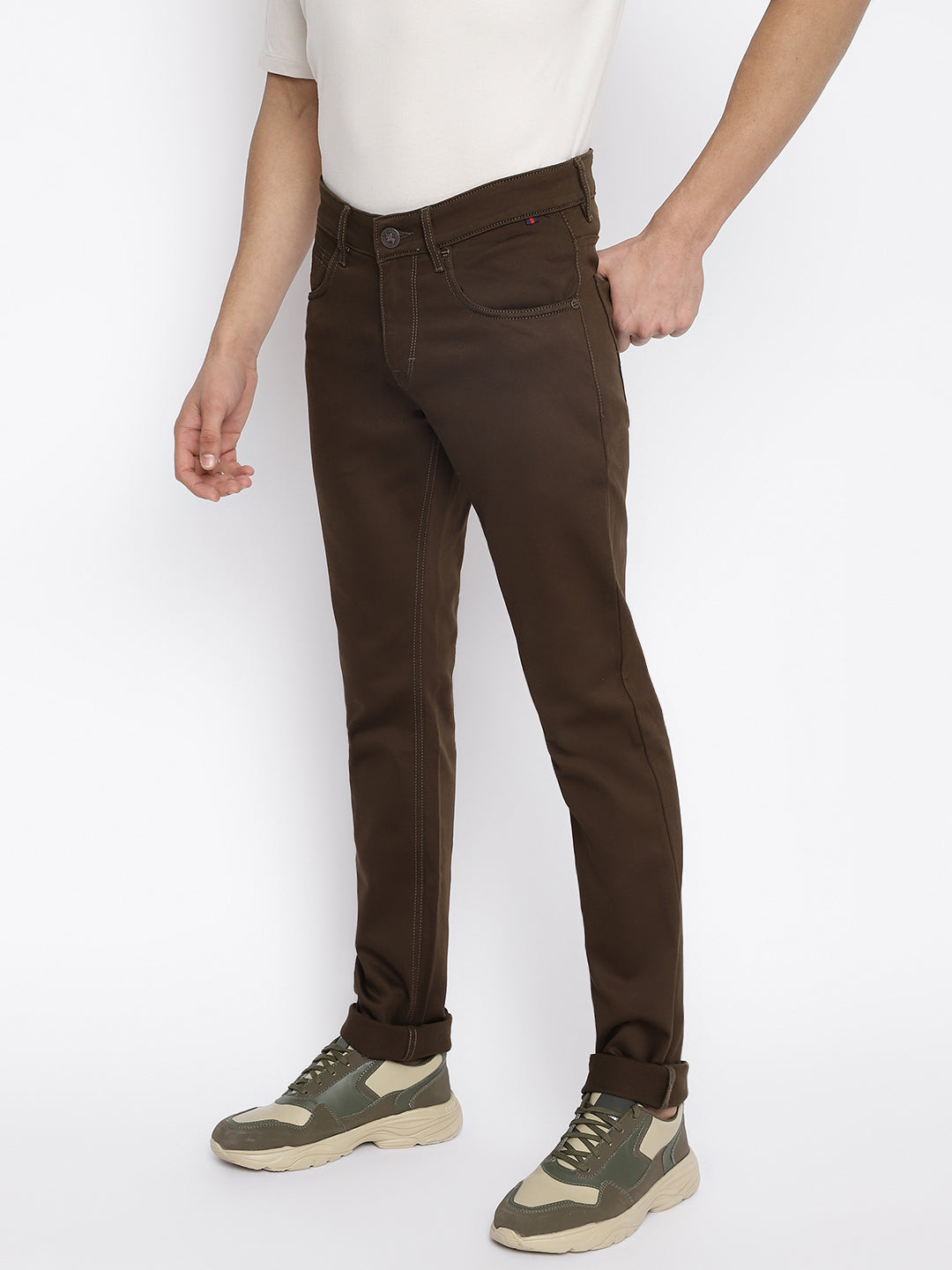 Cantabil Men Brown Cotton Blend Solid Regular Fit Casual Trouser (7047326630027)