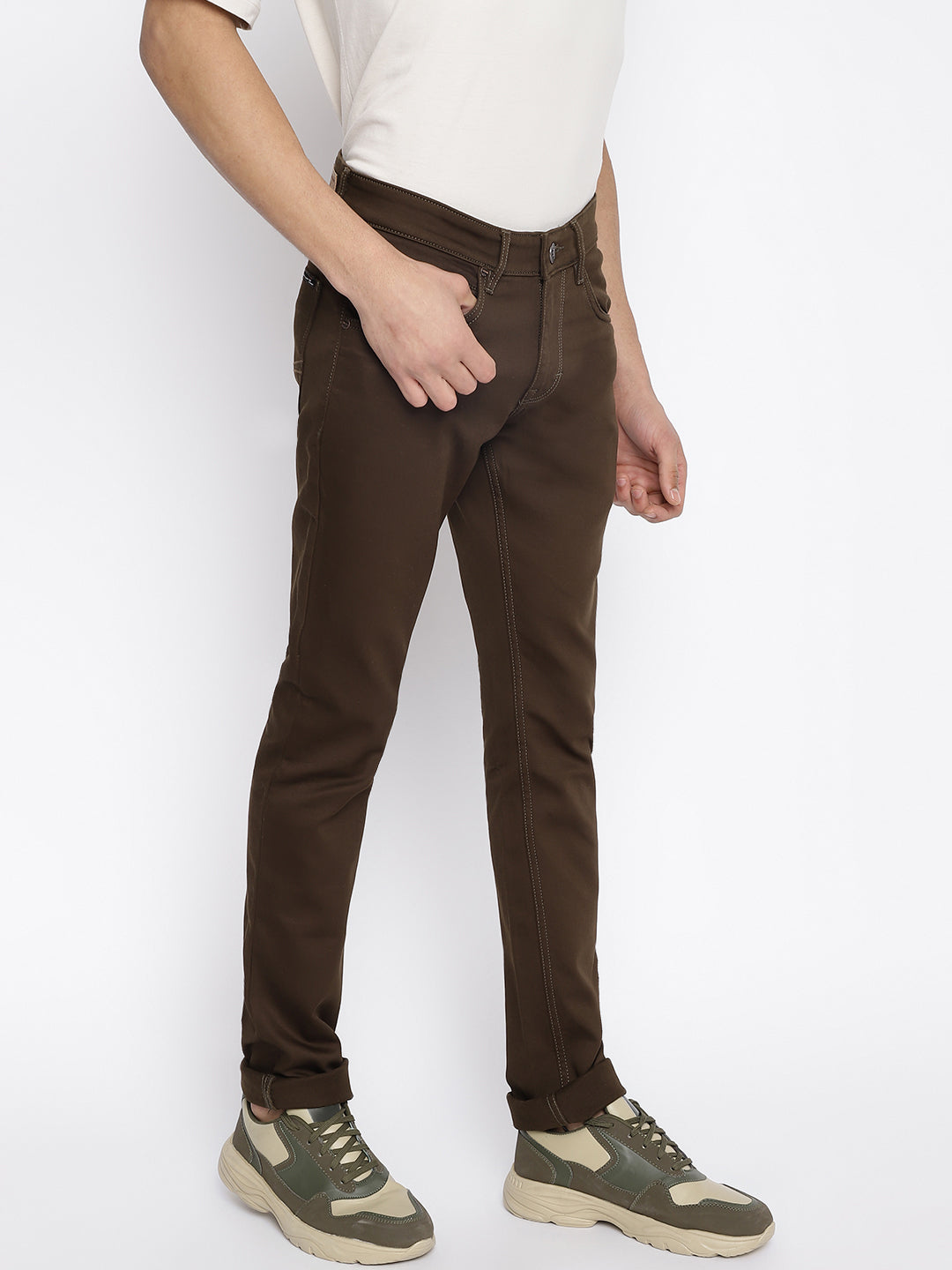 Cantabil Men Brown Cotton Blend Solid Regular Fit Casual Trouser (7047326630027)