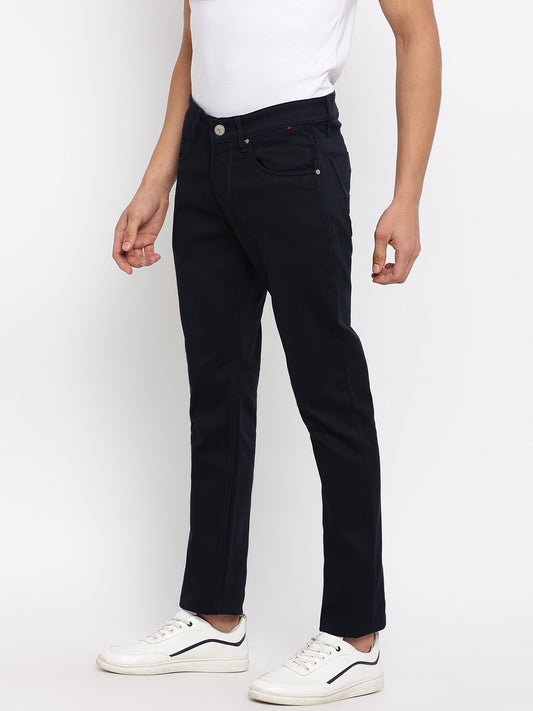 Cantabil Men Navy Blue Cotton Blend Solid Regular Fit Casual Trouser (7047330594955)