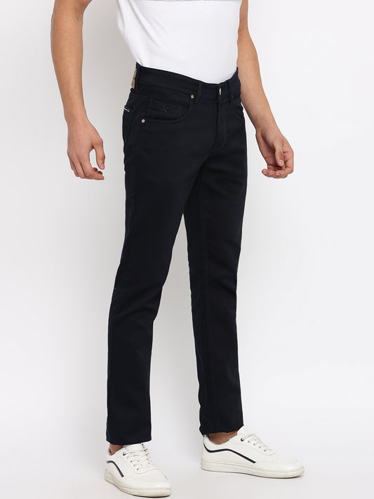Cantabil Men Navy Blue Cotton Blend Solid Regular Fit Casual Trouser (7047330594955)