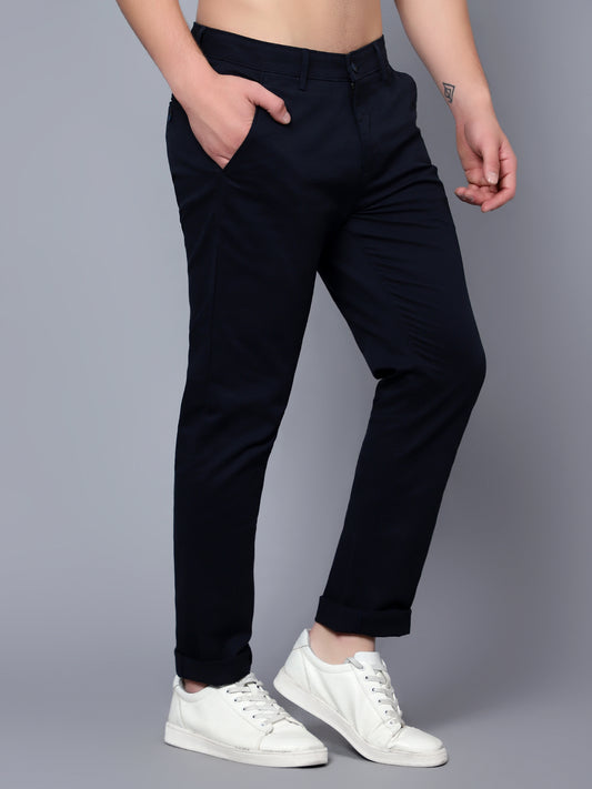 Cantabil Men Navy Blue Cotton Blend Self Design Regular Fit Casual Trouser (7089757094027)