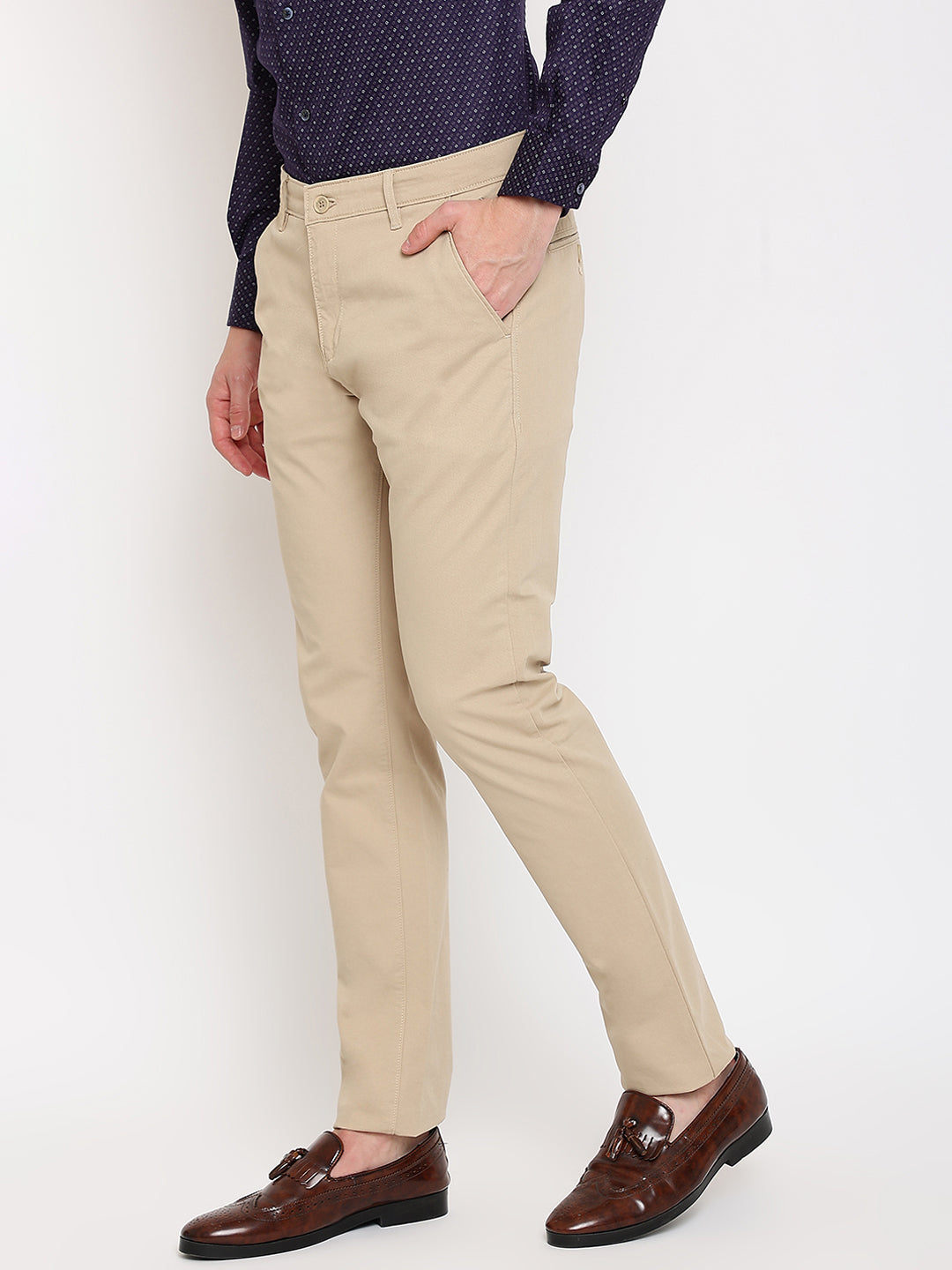 Cantabil Men Khaki Cotton Blend Self Design Regular Fit Casual Trouser (7069489365131)