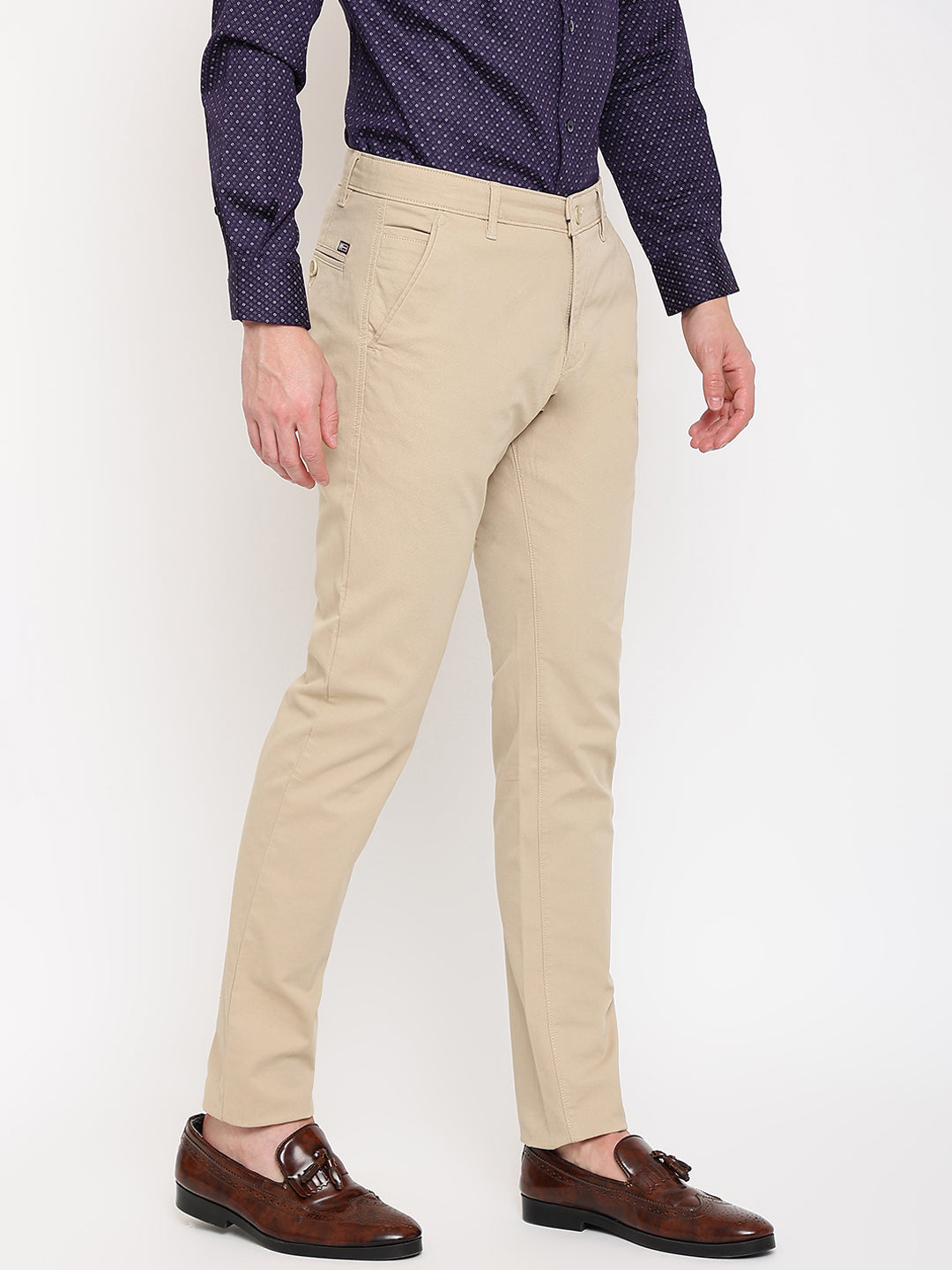 Cantabil Men Khaki Cotton Blend Self Design Regular Fit Casual Trouser (7069489365131)