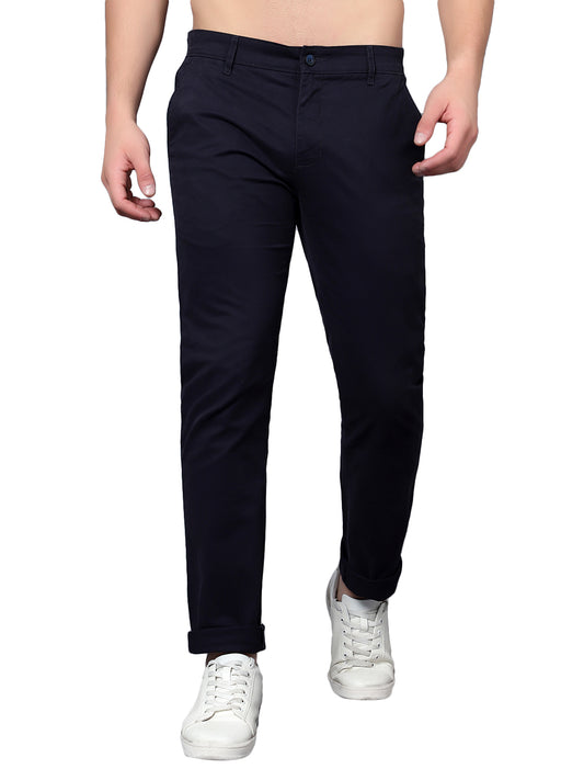 Men's Solid Navy Blue Non-Pleated Full Length Causal Trouser