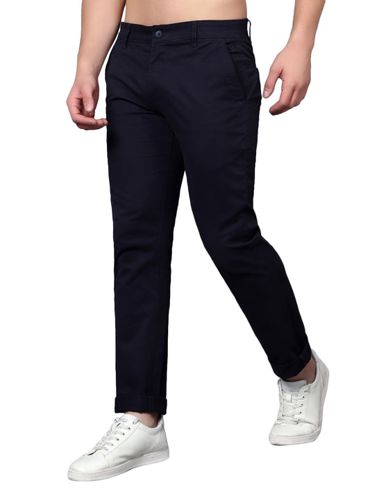 Men's Solid Navy Blue Non-Pleated Full Length Causal Trouser