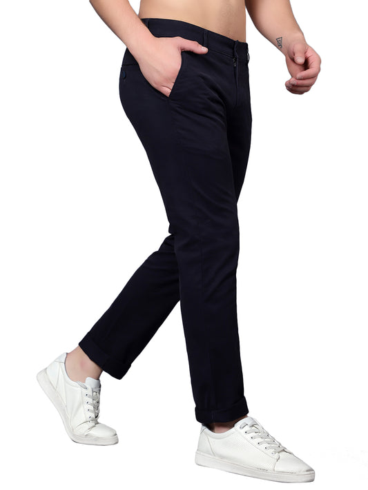 Men's Solid Navy Blue Non-Pleated Full Length Causal Trouser