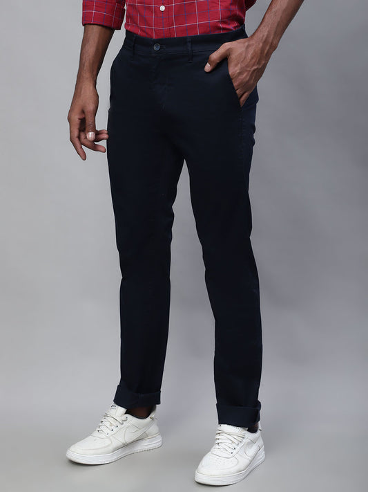 Cantabil Men Navy Blue Cotton Blend Solid Regular Fit Casual Trouser (7113949053067)