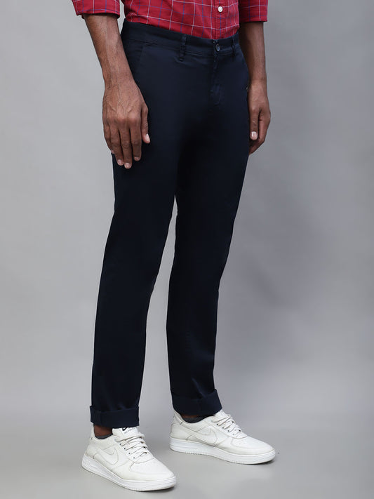 Cantabil Men Navy Blue Cotton Blend Solid Regular Fit Casual Trouser (7113949053067)