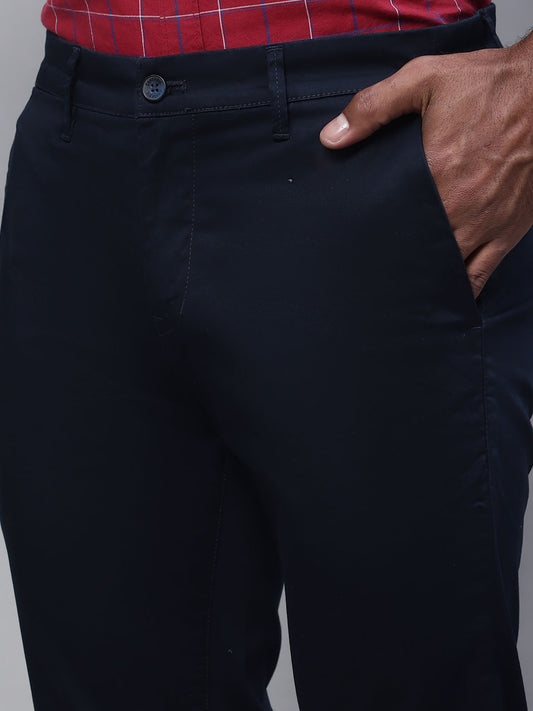 Cantabil Men Navy Blue Cotton Blend Solid Regular Fit Casual Trouser (7113949053067)