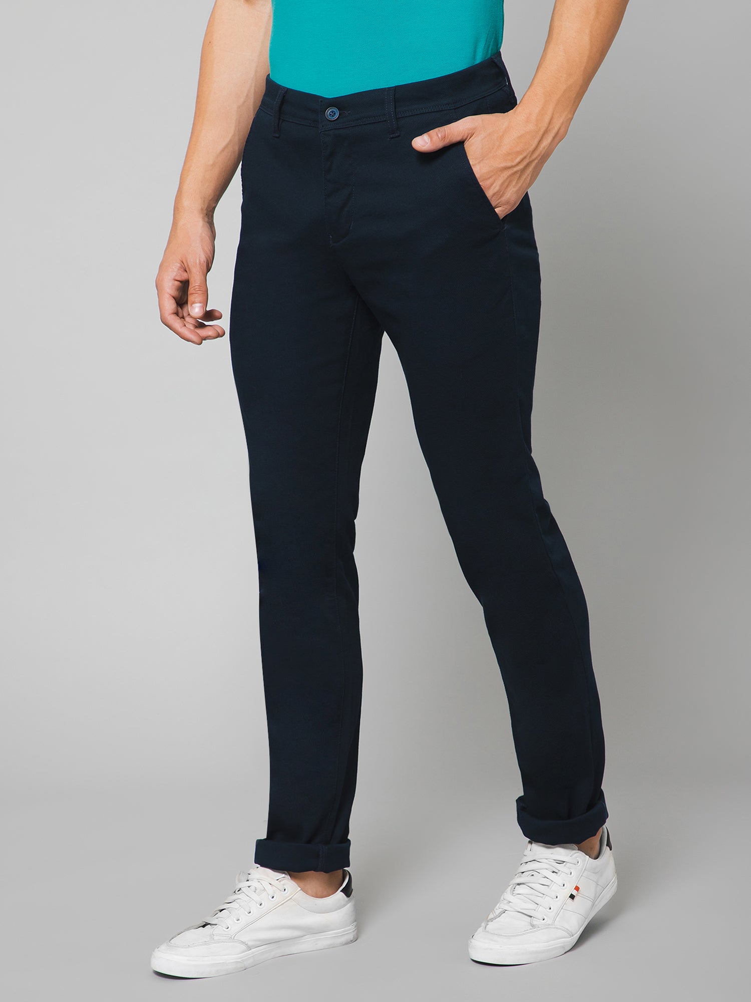 Cantabil Men Navy Blue Cotton Blend Self Design Regular Fit Casual Trouser (7133183180939)