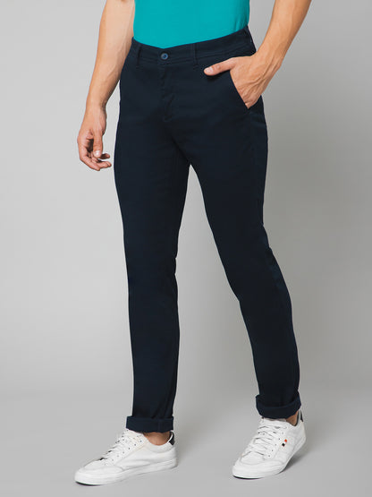 Cantabil Men Navy Blue Cotton Blend Self Design Regular Fit Casual Trouser (7133183180939)