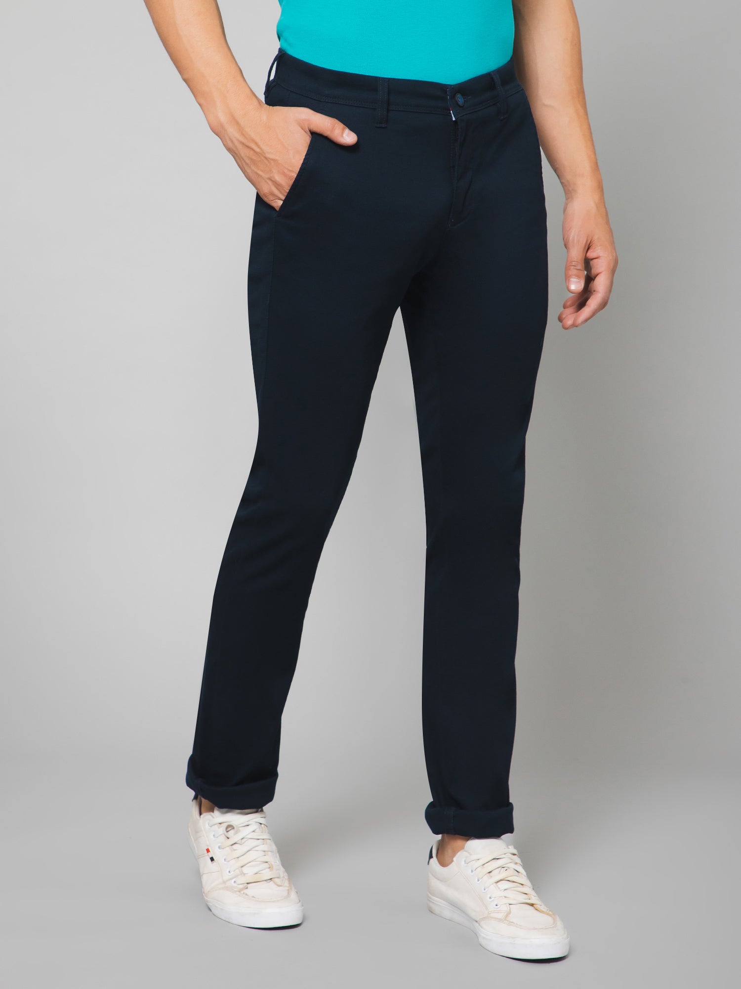 Cantabil Men Navy Blue Cotton Blend Self Design Regular Fit Casual Trouser (7133183180939)