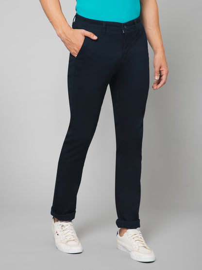 Cantabil Men Navy Blue Cotton Blend Self Design Regular Fit Casual Trouser (7133183180939)