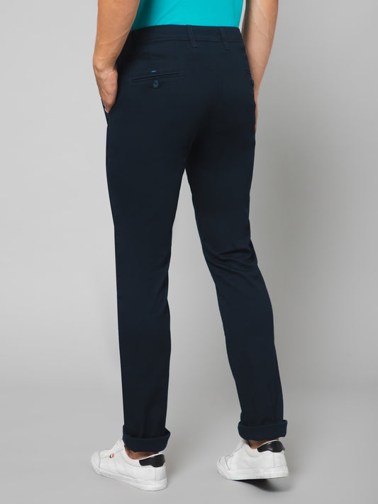 Cantabil Men Navy Blue Cotton Blend Self Design Regular Fit Casual Trouser (7133183180939)