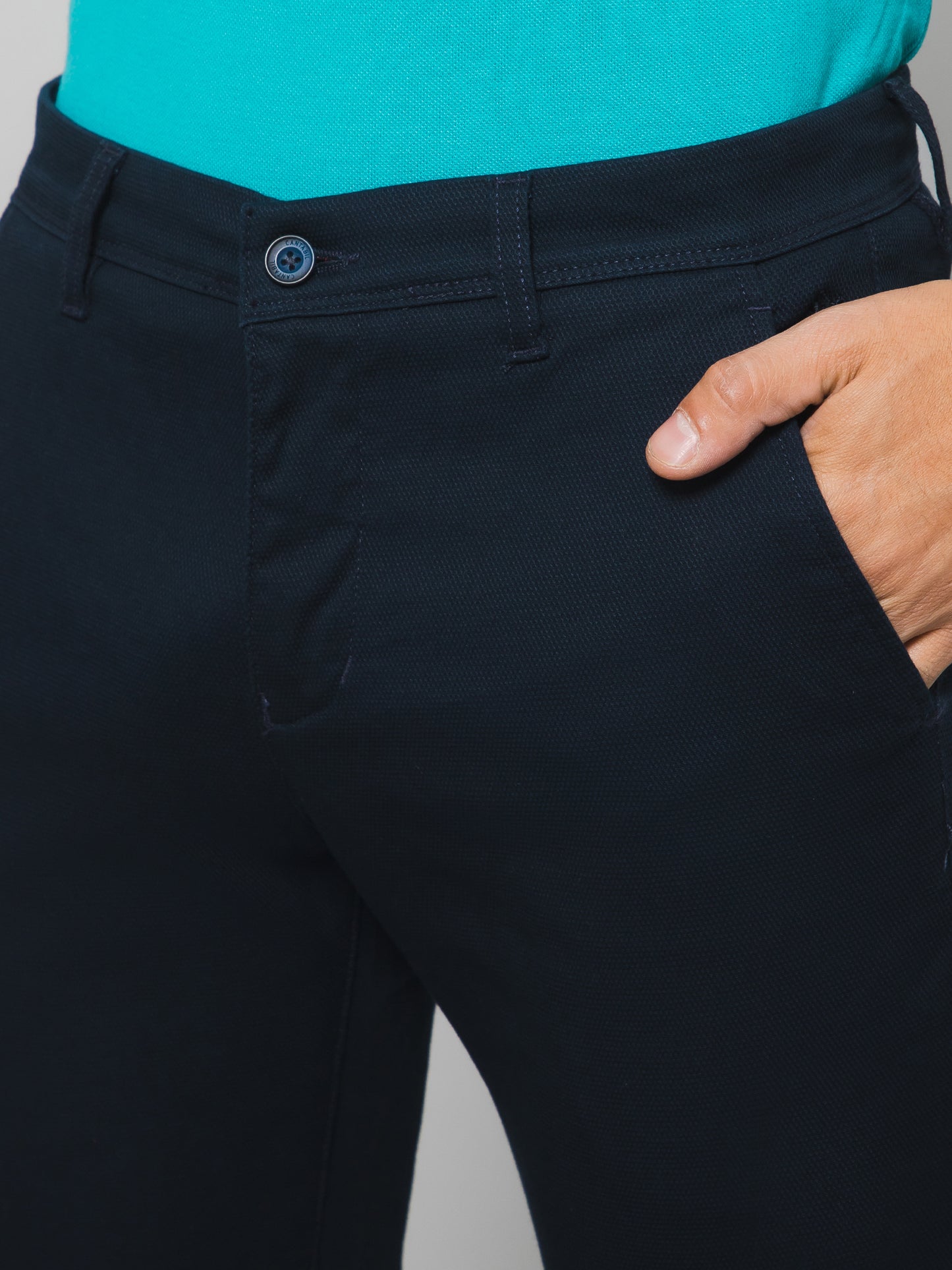 Cantabil Men Navy Blue Cotton Blend Self Design Regular Fit Casual Trouser (7133183180939)