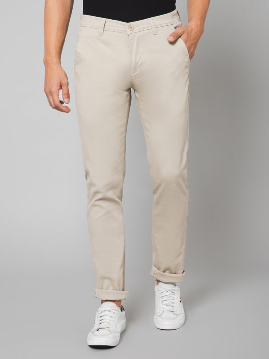 Cantabil Men Beige Cotton Blend Self Design Regular Fit Casual Trouser (7133181378699)